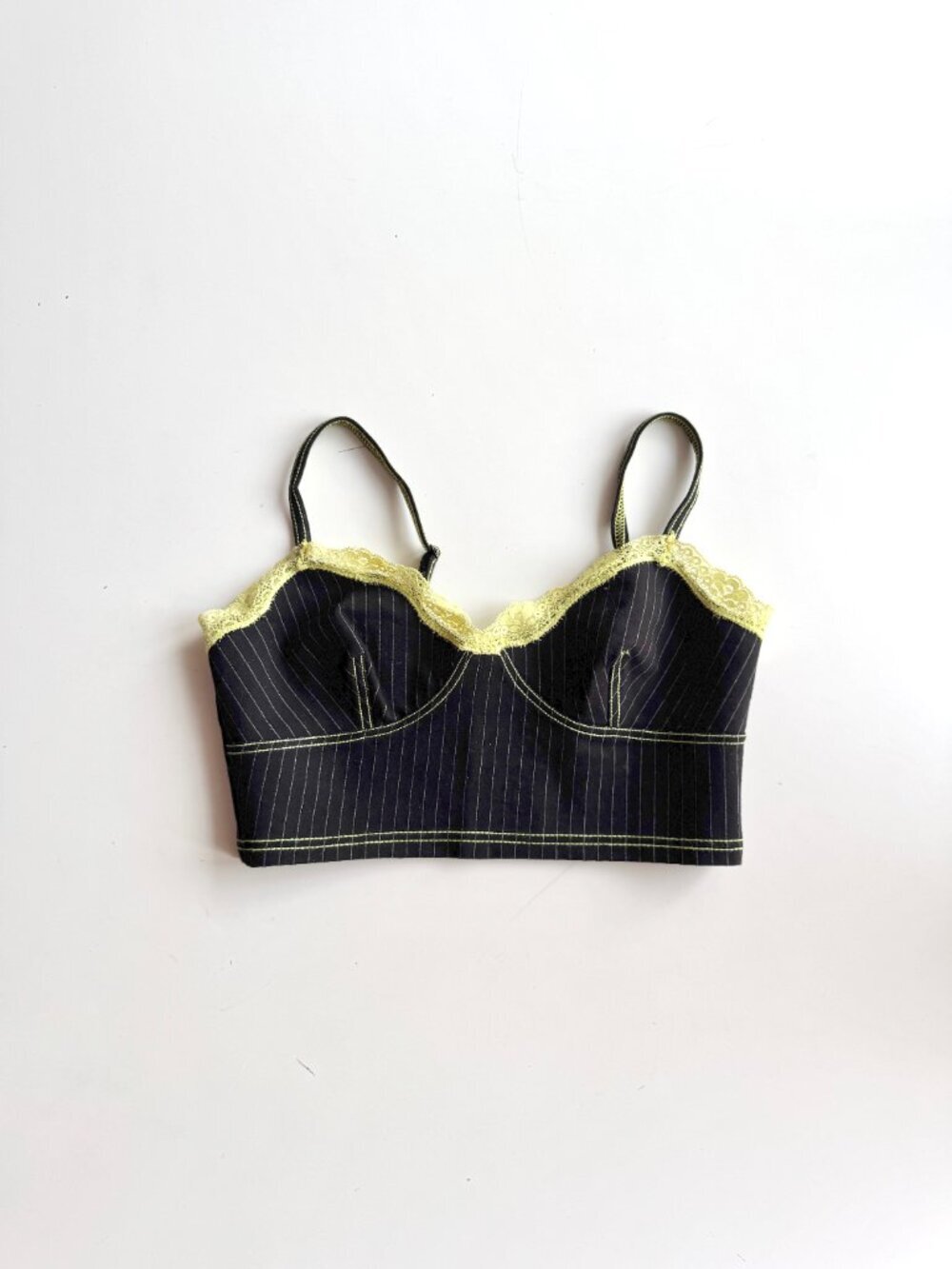 OPENING CEREMONY Black Pinstripe Jersey Lace Trim Cropped Bustier Top, Size S
